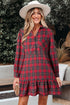 Plaid Shirt Collar Half Button Chest Pocket Ruffle Hem A Line Mini Dress